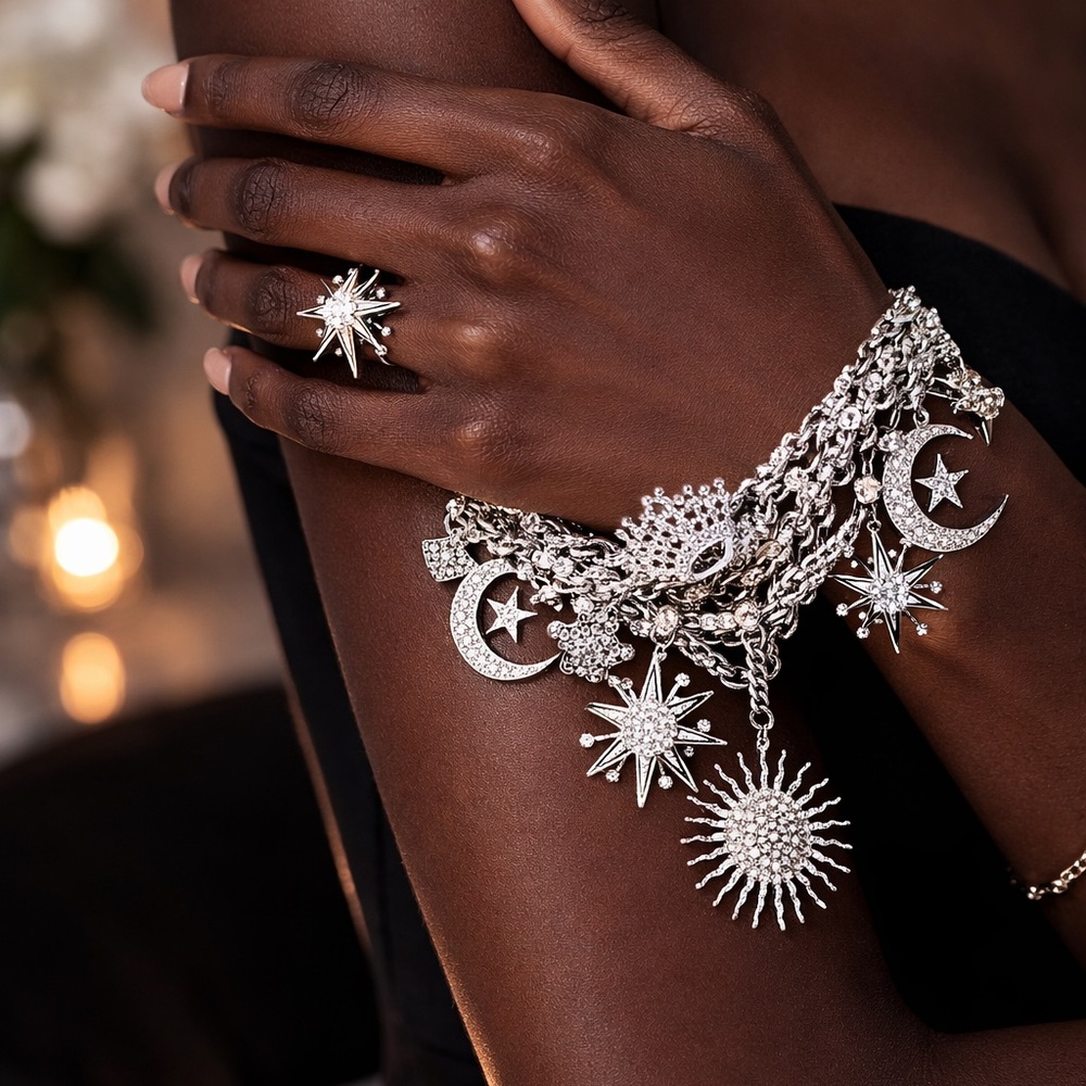 Silver Celestial Statement Necklace & Charm Brace… - image 3